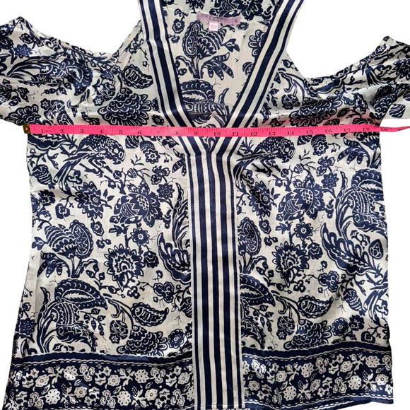 100% Silk Calypso St. Barth Top Size S Blue White Floral Cold Shoulder cruise - Picture 9 of 10